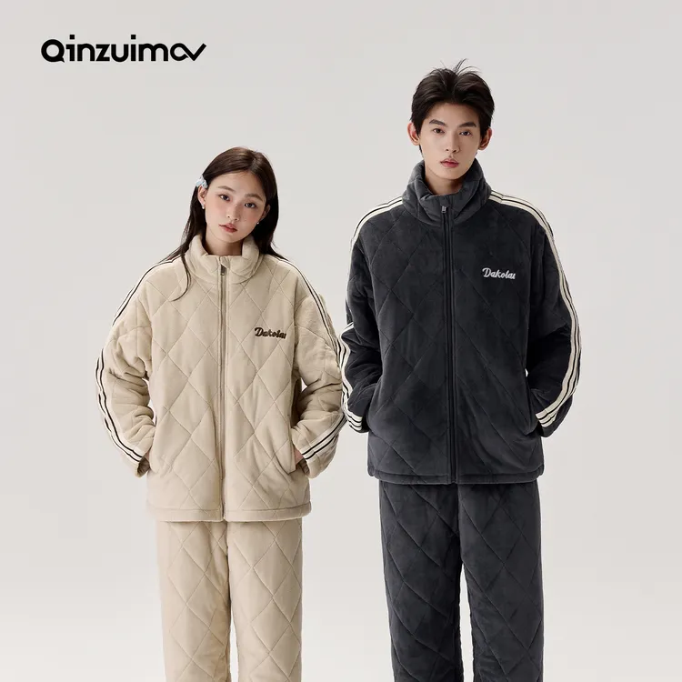 亲嘴猫冬季情侣海岛绒夹棉睡衣女三层加厚男士家居服套装保暖外穿