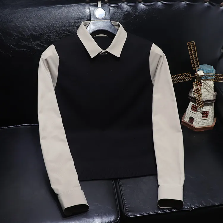 时尚潮流撞色假两件毛衣针织衫2025秋冬新款保暖休闲男士翻领上衣