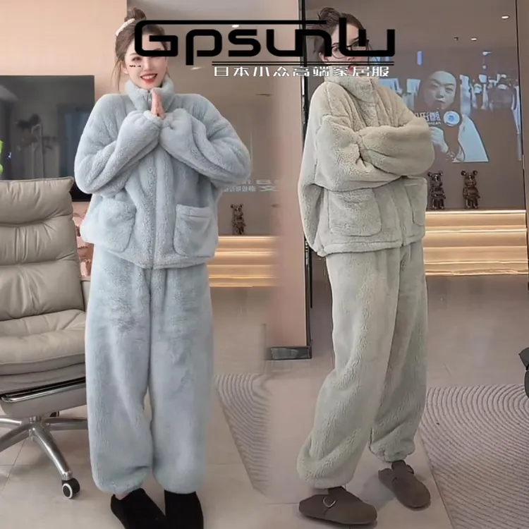 韩版小众立领加厚珊瑚绒家居服女款2025秋冬新款韩版休闲时尚睡衣