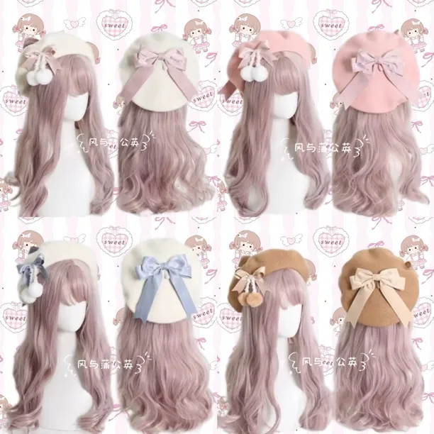 原创日系贝雷帽lolita软妹甜美毛呢女手作绒球蝴蝶结秋冬画家帽