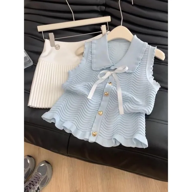 专柜撤回剪标韩版翻领无袖针织马甲女夏季新款小香风修身短款上衣