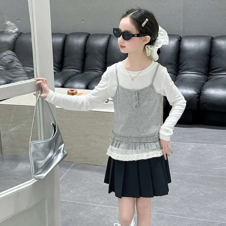 女童韩版套装2025新款韩版中大童休闲马甲时尚宽松阔腿裤三件套潮