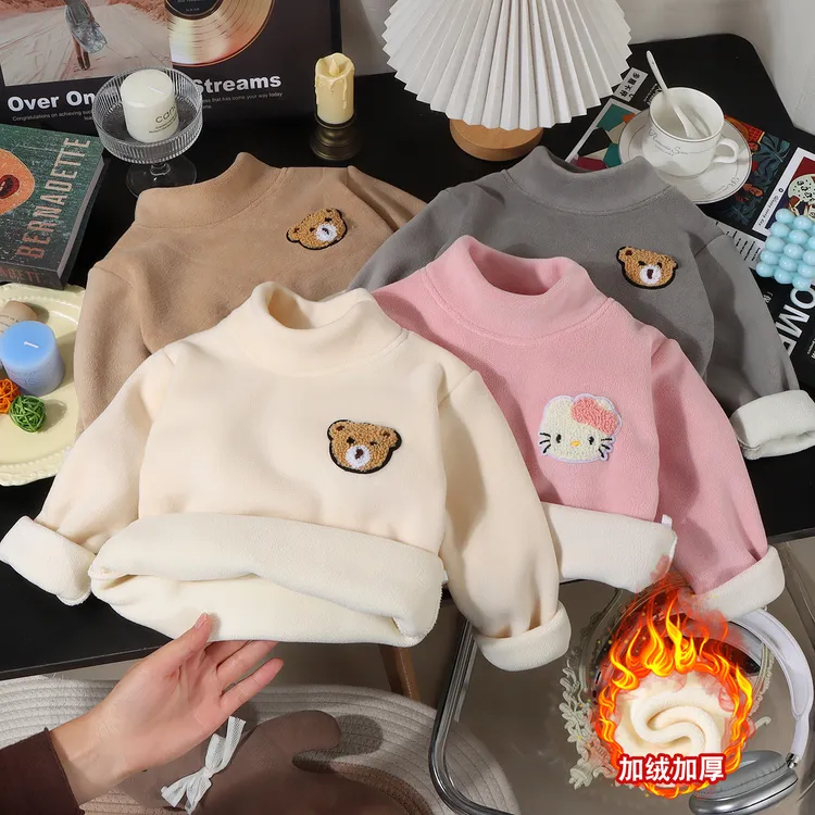 上新卡通双面奥粒绒半高领打底男女孩长袖一体绒加厚保暖上衣内搭