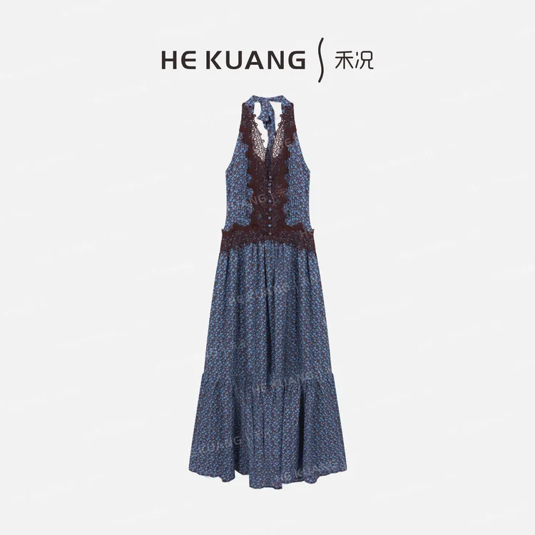 禾况HEKUANG琥珀流光【满花蓝璃】印花收腰气质法式连衣裙L652 0306