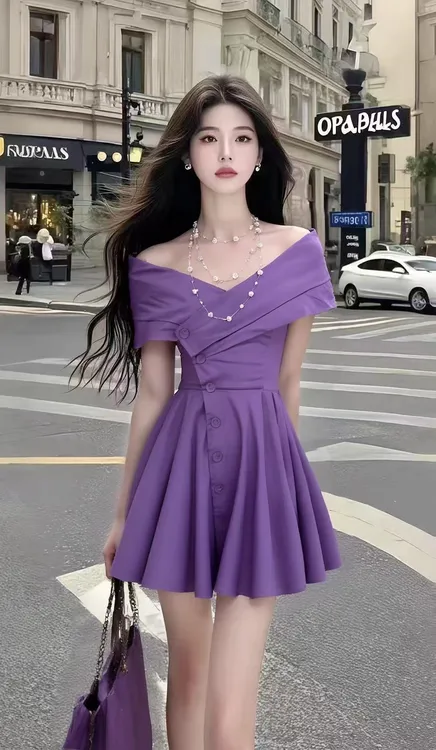 夏季温柔知性风紫色V领收腰不规则设计感连衣裙时尚气质显瘦女装