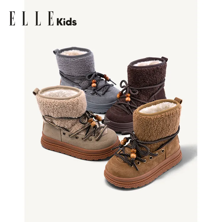 ELLE KIDS童鞋 女童雪地靴25冬季新款卷毛棉棉靴复古高级感大棉鞋