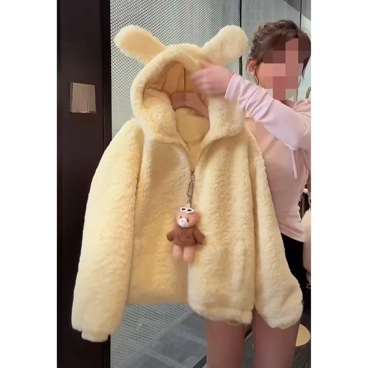 冬季女童新款黄色羊羔毛外套儿童韩版加绒加厚上衣2025可爱款童装