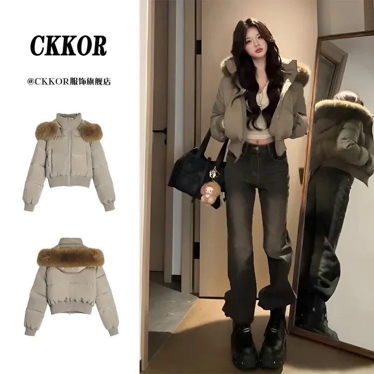 CKKOR美式复古潮流休闲棉衣女秋冬厚款保暖毛领连帽开衫棉服外套 