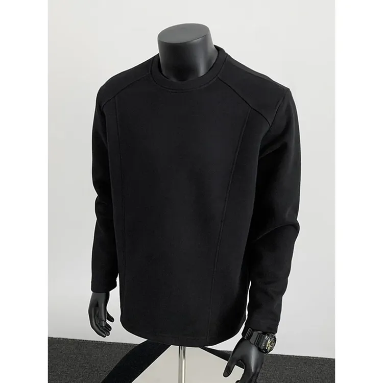 黑色美式小领口长袖t恤男款秋季痞帅高级感卫衣正肩修身圆领打底