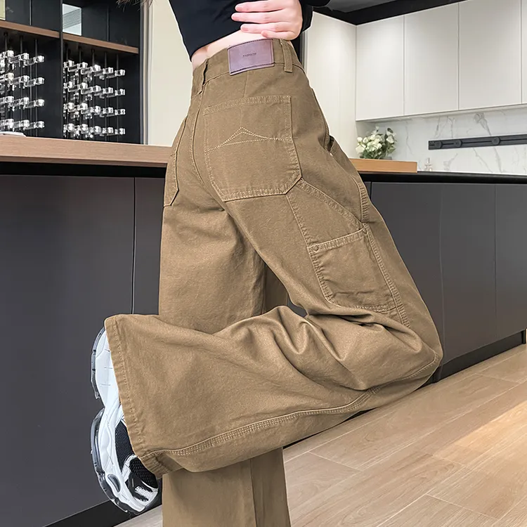 蜜蜜穿搭卡其色工装阔腿牛仔裤女2025秋季宽松遮肉松弛风休闲裤子
