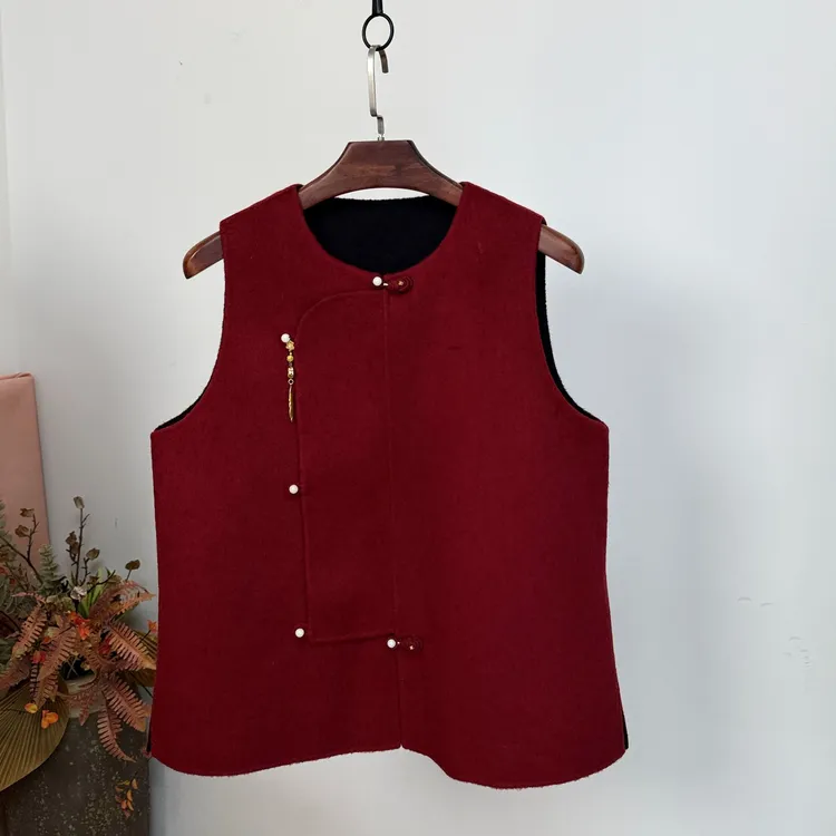 大码双面羊绒马甲新中式红色黑色「双面穿」