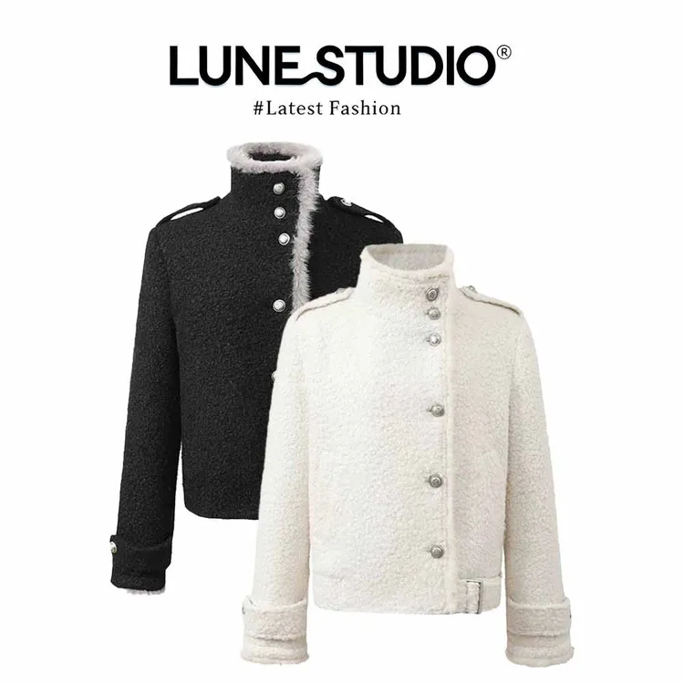 parkyeon黑白色撞色毛绒边短款外套女秋冬复古金属扣立领上衣