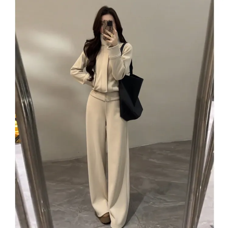 冬季一整套穿搭高级感2025新款高级感立领加厚卫衣+阔腿裤两件套
