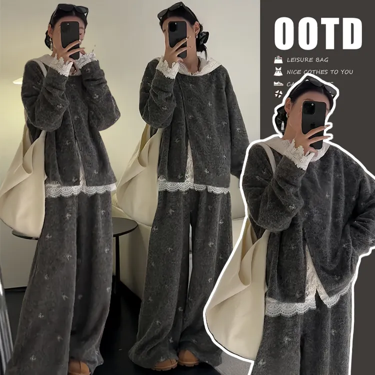 秋季新款气质孕妇套装高级感蝴蝶刺绣毛呢灰色蕾丝连帽上衣三件套