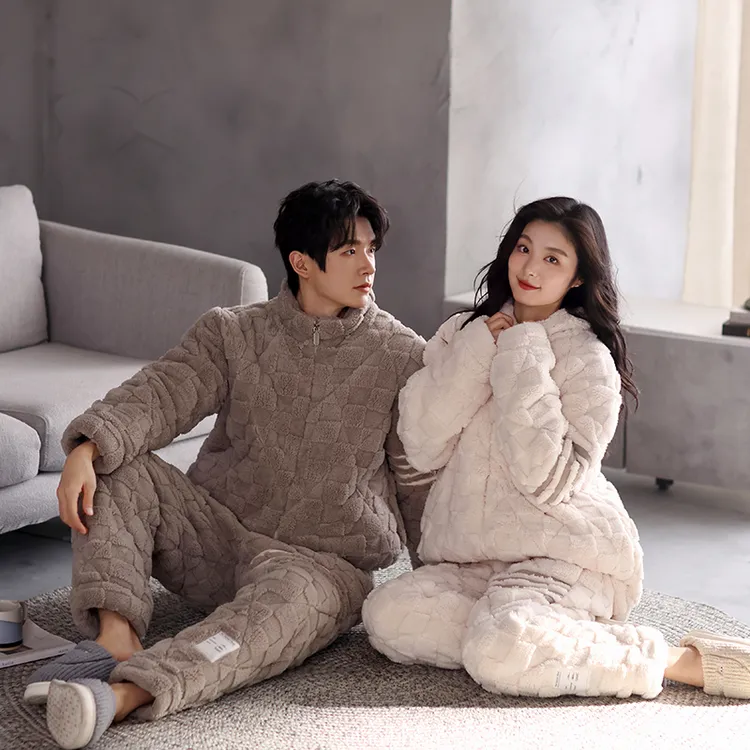【温暖拍档】三层夹棉情侣睡衣女加厚加绒拉链可外穿保暖男士家居服