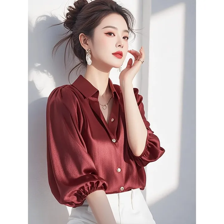 2025年春季新款安可拉红色衬衫女高级感轻奢减龄洋气重要场合小衫