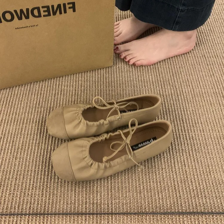 复古褶皱软皮小众棕色单鞋女2025年新款法式气质百搭平底玛丽珍鞋