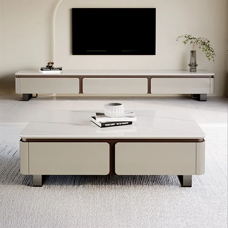 轻奢岩板茶几电视柜组合简约现代2025新款方形微晶石茶几客厅家用