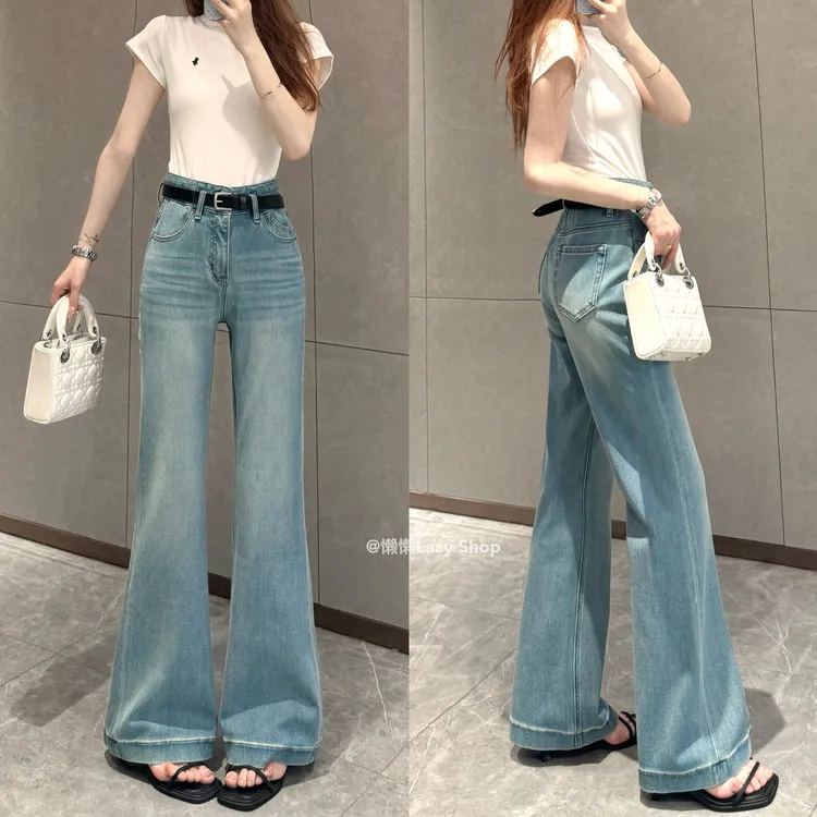 【线雕长腿】天青蓝·四面弹新款直筒高腰微喇牛仔轻熟风穿搭女8026