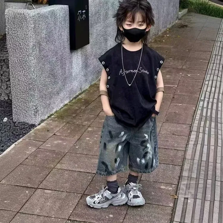 儿童夏装薄款上衣帅气炸街无袖t恤男童夏季扎染时髦背心休闲上衣