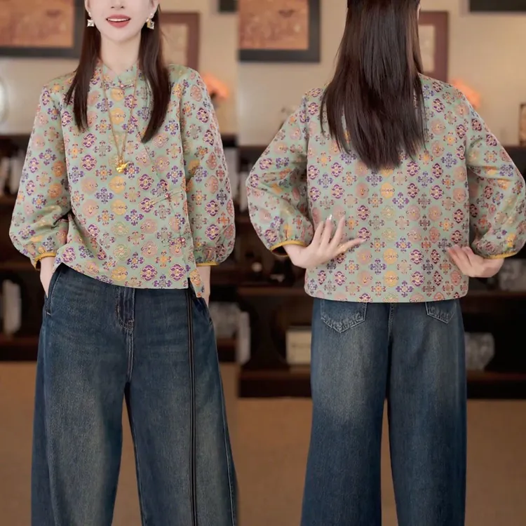 2025年新款百搭休闲遮肉大气通勤风小衫早秋气质国风长袖复古上衣