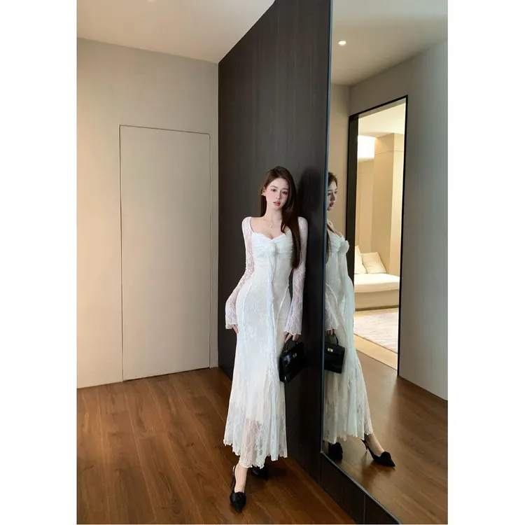 法式白色领长袖连衣裙女春季蕾丝拼接修身长裙气质收腰包臀裙子