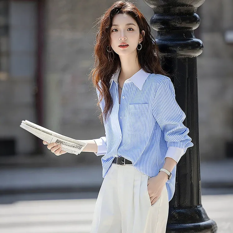 法式宽松纯棉polo领浅蓝色拼接口袋条纹显瘦潮流百搭秋季新款衬衫