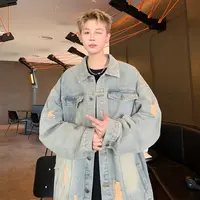 GW24702春夏潮牌美式复古水洗做旧设计感破洞情侣百搭牛仔外套