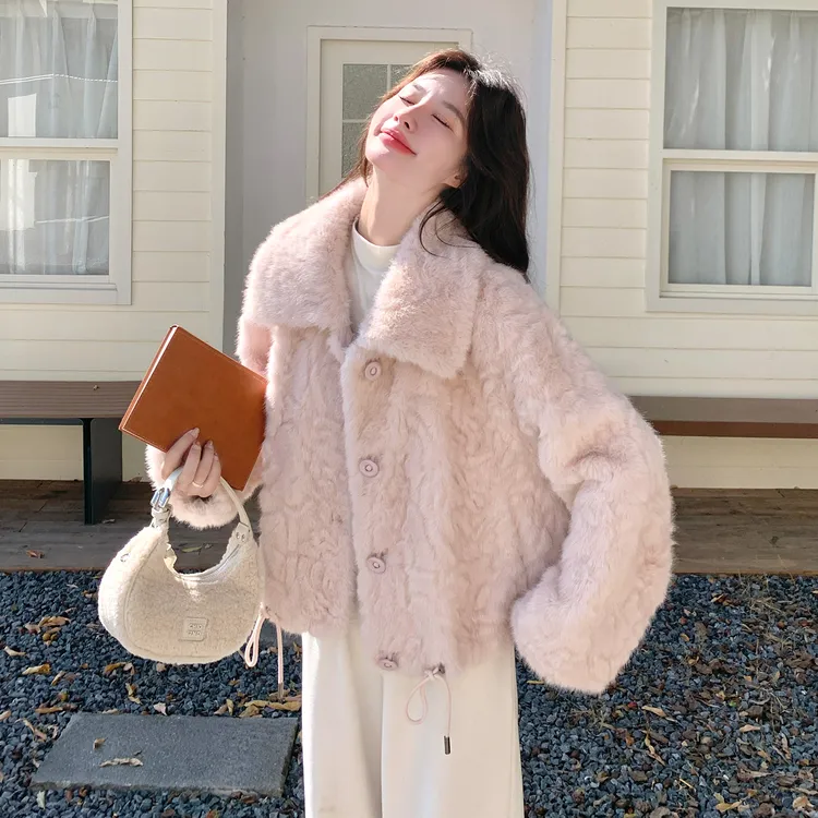 粉色甜美皮毛一体毛毛外套女2025冬季韩系减龄小个子保暖短款上衣