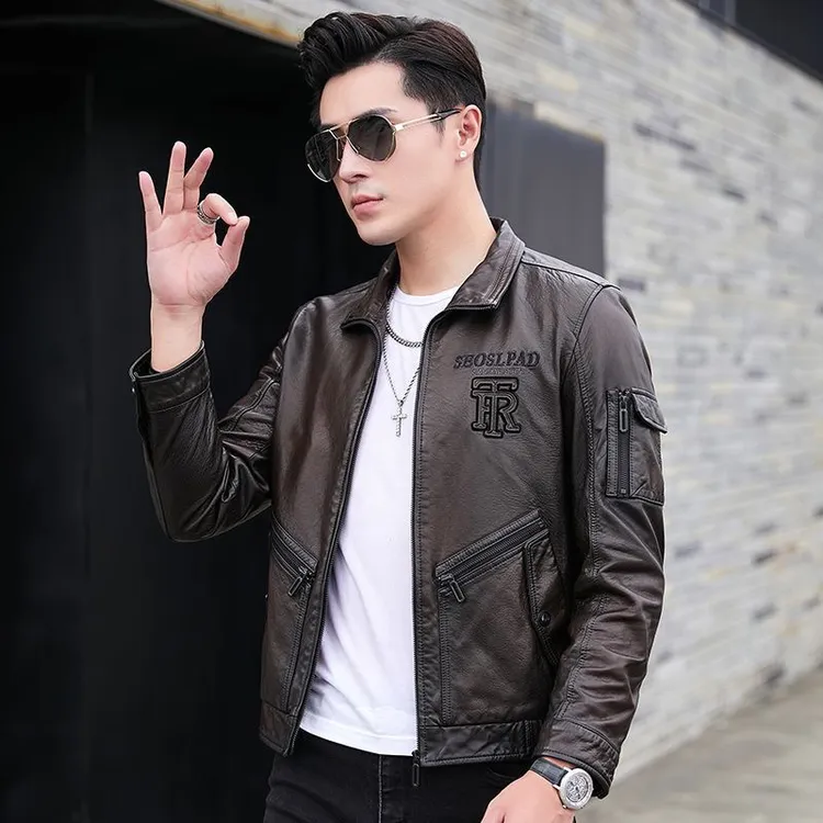 2024新款海宁真皮皮衣男油蜡小牛皮短款翻领皮夹克修身机车服外套