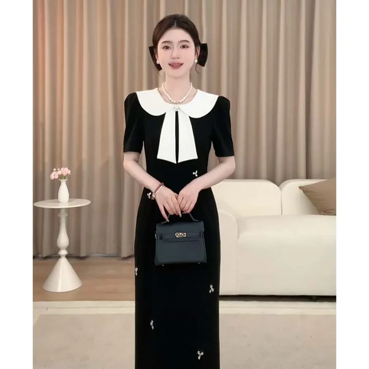 GJ  2025夏季新款法式时尚高级感赫本风显瘦收腰拼接连衣裙D2422