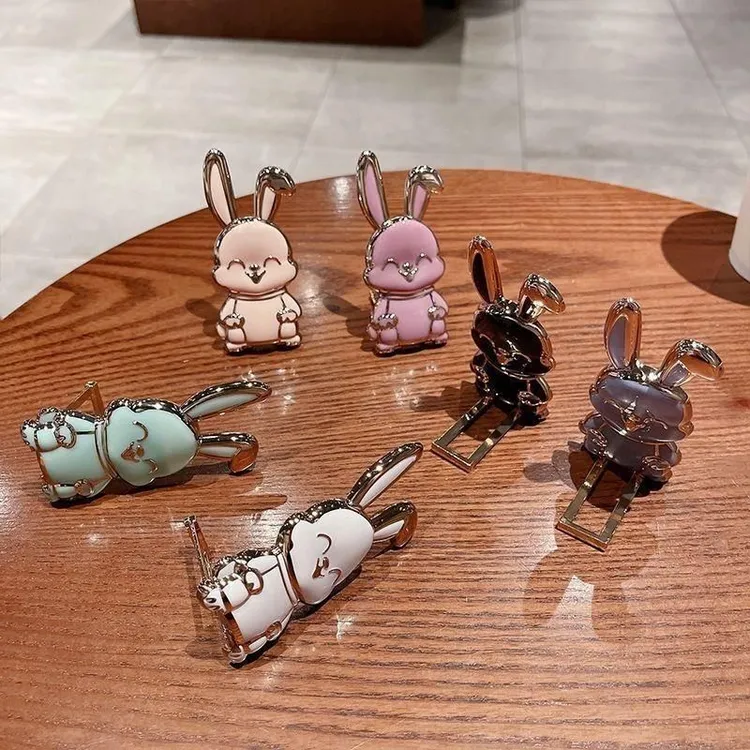 适用手机支架电镀卡通可爱兔子立体手机支架折叠旋转背贴懒人伸缩