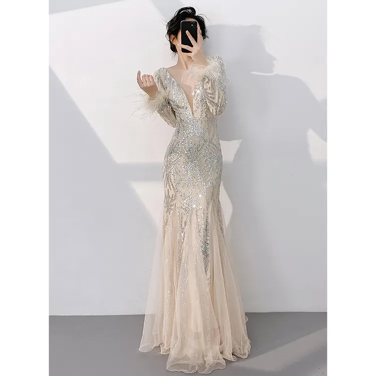 香槟色晚礼服女高级感气质绝美轻奢小众高端名媛年会主持人鱼尾裙