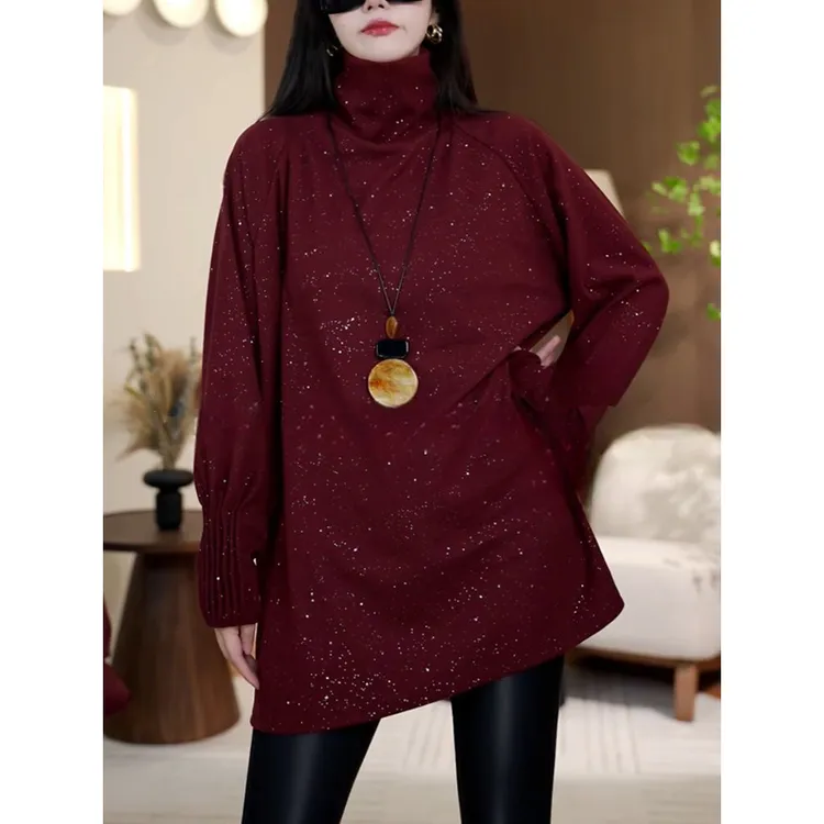 亮片高领堆堆领加厚德绒保暖打底衫T恤女秋冬中长款大码内搭上衣