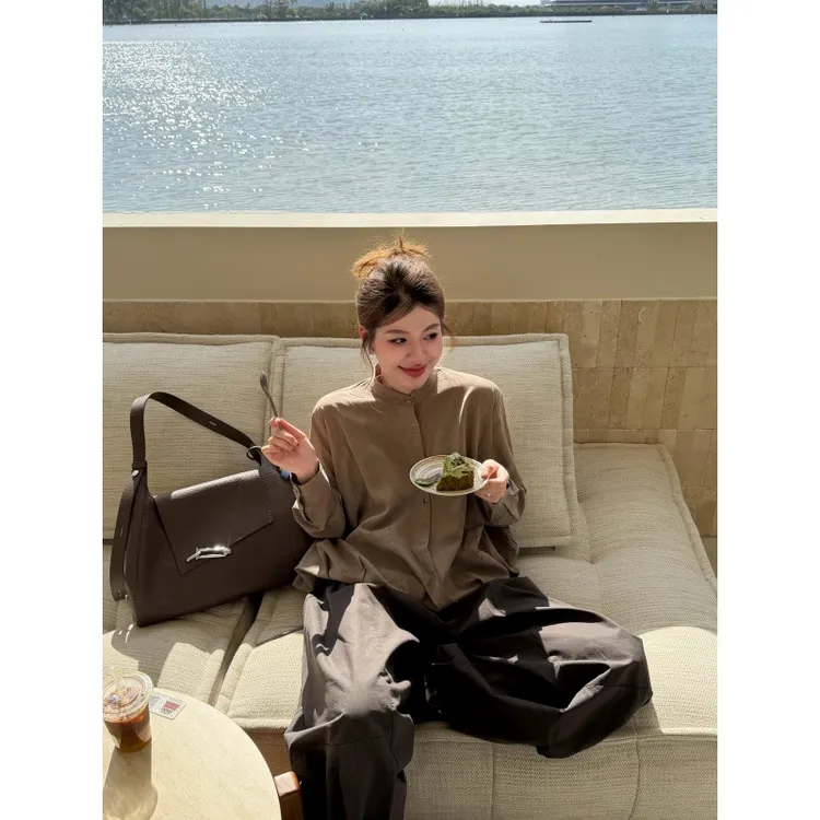 立领单排扣薄款长袖法式气质老钱风上衣女高腰休闲花苞休闲阔腿裤
