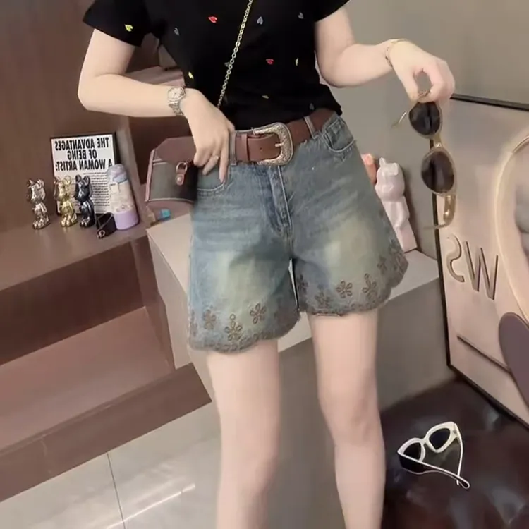 高腰直筒牛仔短裤女爆款2025夏季新款大码百搭时尚阔腿A字热裤子