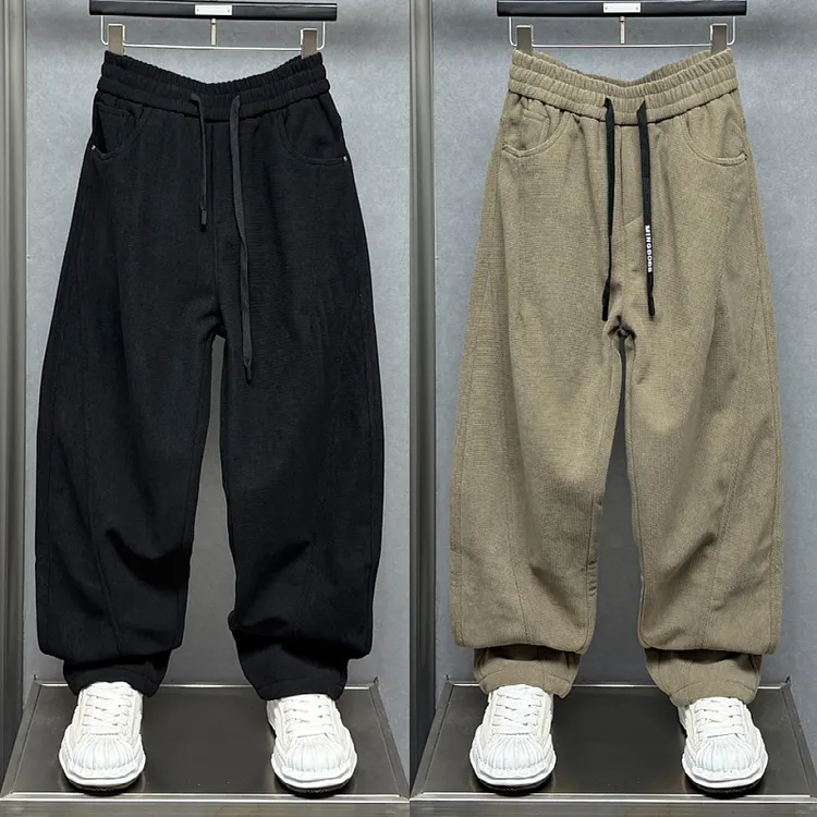 秋冬款美式高街加绒宽松直筒休闲裤男松紧腰掐褶条绒拼接哈伦长裤