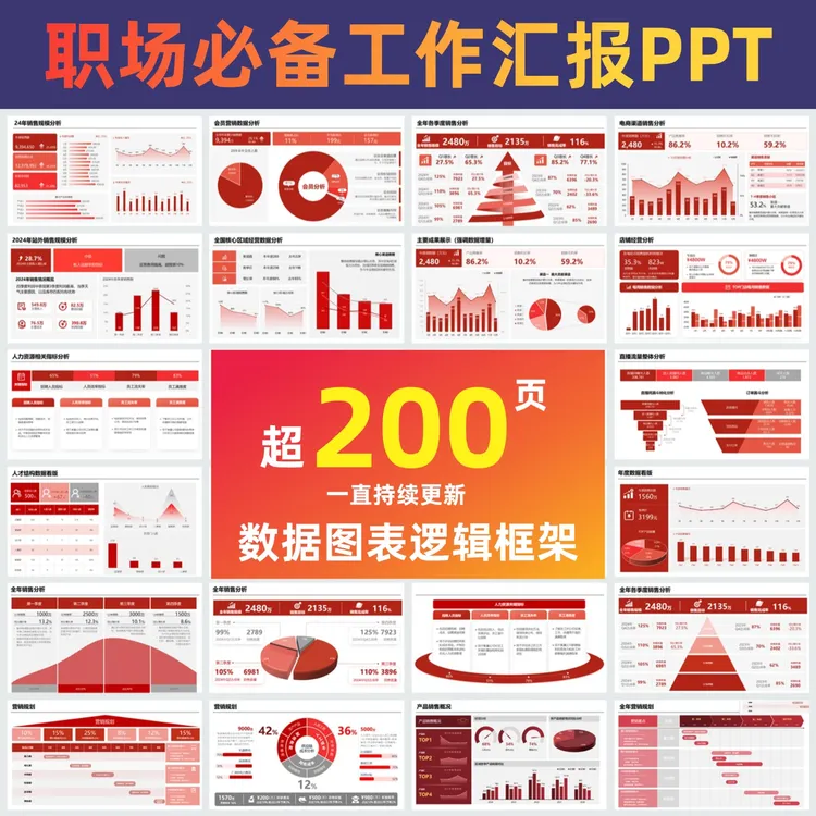 超200页-高端工作汇报高级红色PPT模板|逻辑图/数据图表PPT成品