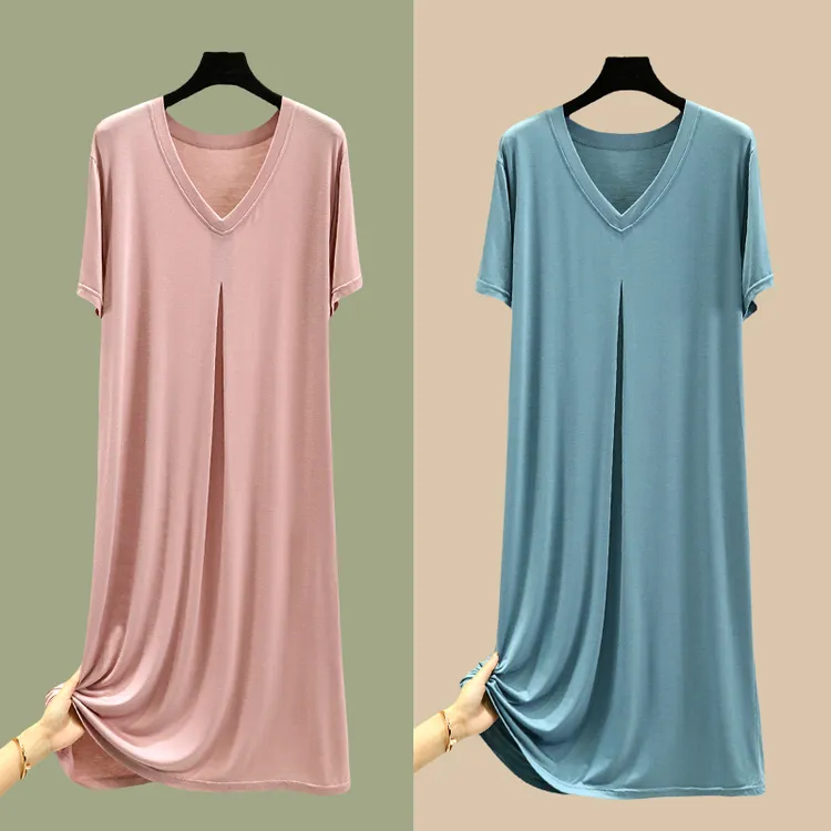 外穿莫代尔v领短袖中长款连衣裙女夏宽松打底裙大码睡裙纯色a字裙