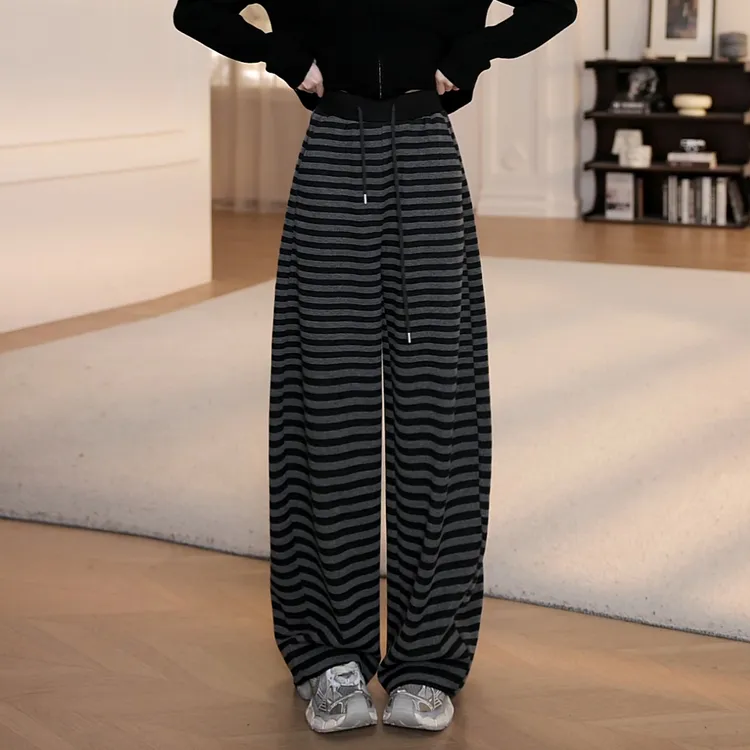【YANYAN】休闲裤女小个子秋冬新款条纹拼色腰头高腰阔腿裤长裤5518
