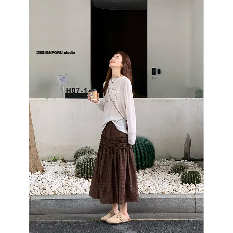 parkyeon夏季新款薄款防晒长袖罩衫上衣慵懒风高腰显瘦半身裙套装