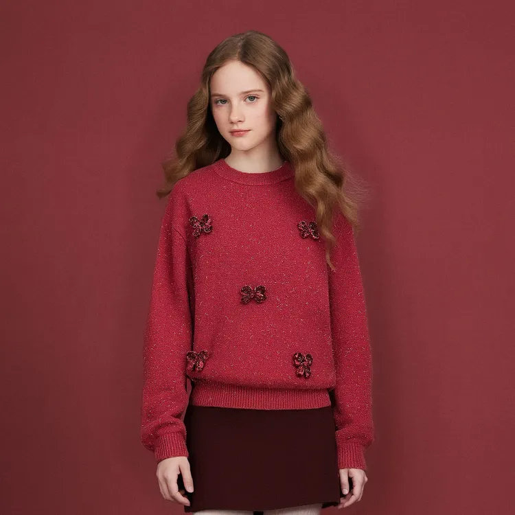 笛莎童装毛衣2025冬季新款加厚红色针织衫新年拜年服-9N2565503