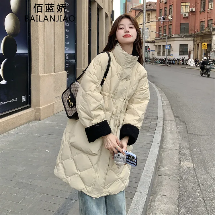 撞色菱格立领羽绒服女冬季2024新款中长款超好看高级感爆款外套