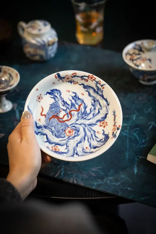 景德镇陶瓷九尾狐壶承带礼盒手绘复古直径15cm高3.5cm中式茶盘