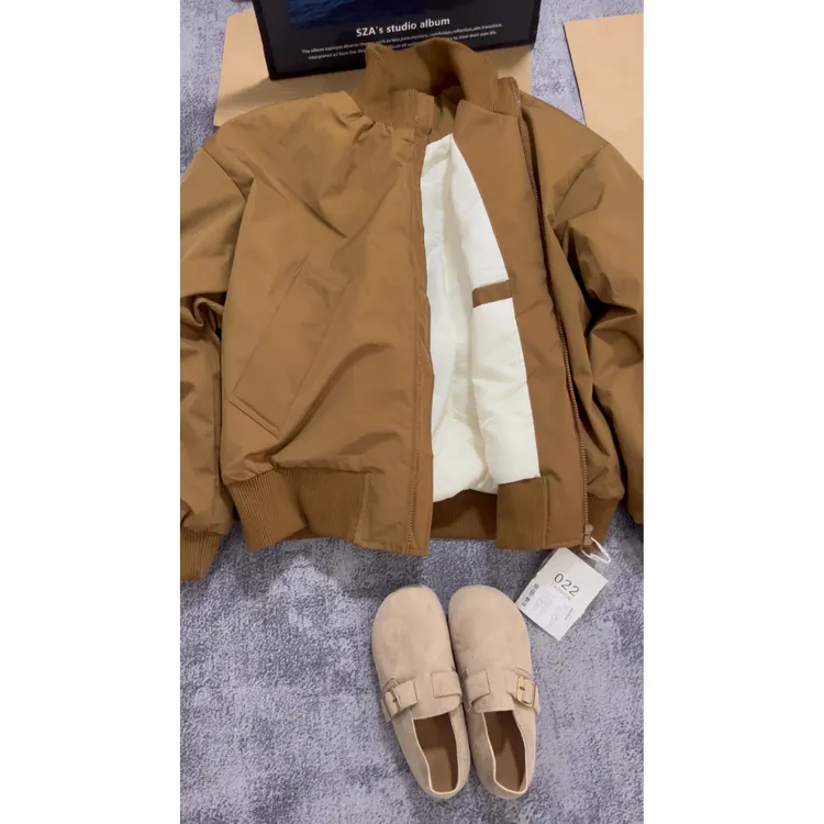 美式Bomber棕色飞行夹克棉服男款冬季加厚立领外套廓形短款棒球服