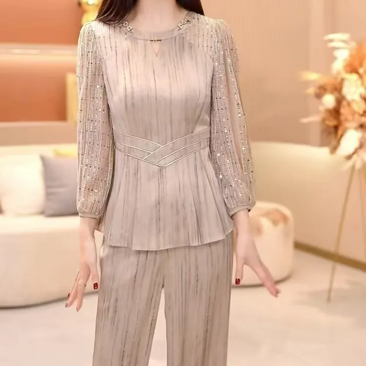 长袖爆款级气质贵气阔太档两件套女春季新款上衣裤子遮肉套装女夏