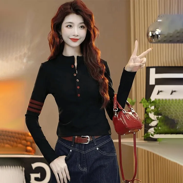 时尚纽扣半开领加绒保暖长袖T恤女秋冬修身休闲风打底衫内搭上衣