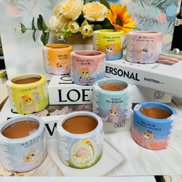 多肉花盆 可爱猫咪俏皮话蕾丝多肉花盆图案透气吸水包邮