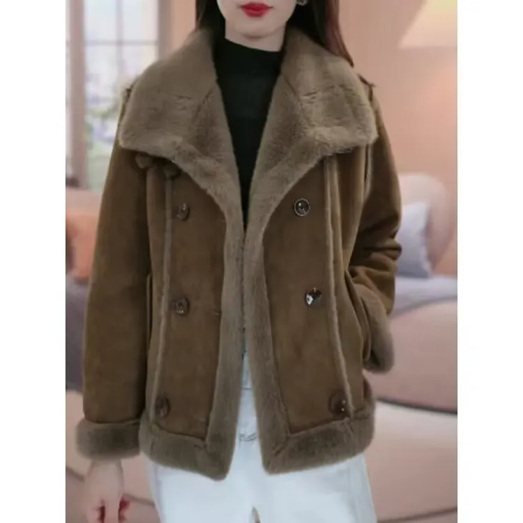 时尚立领防风宽松型冬季气质短款女保暖皮毛一体短外套