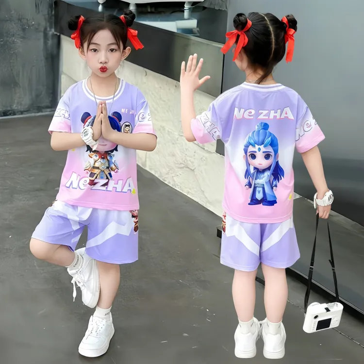 女童哪吒套装夏款2026时尚中大童女童洋气短袖T恤冰丝短裤两件套
